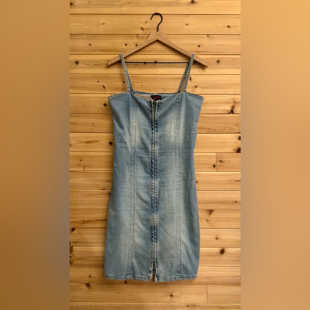 Vintage 90’s Medium Front Zip Denim Strappy Bodycon Stretchy Knee Length Dress